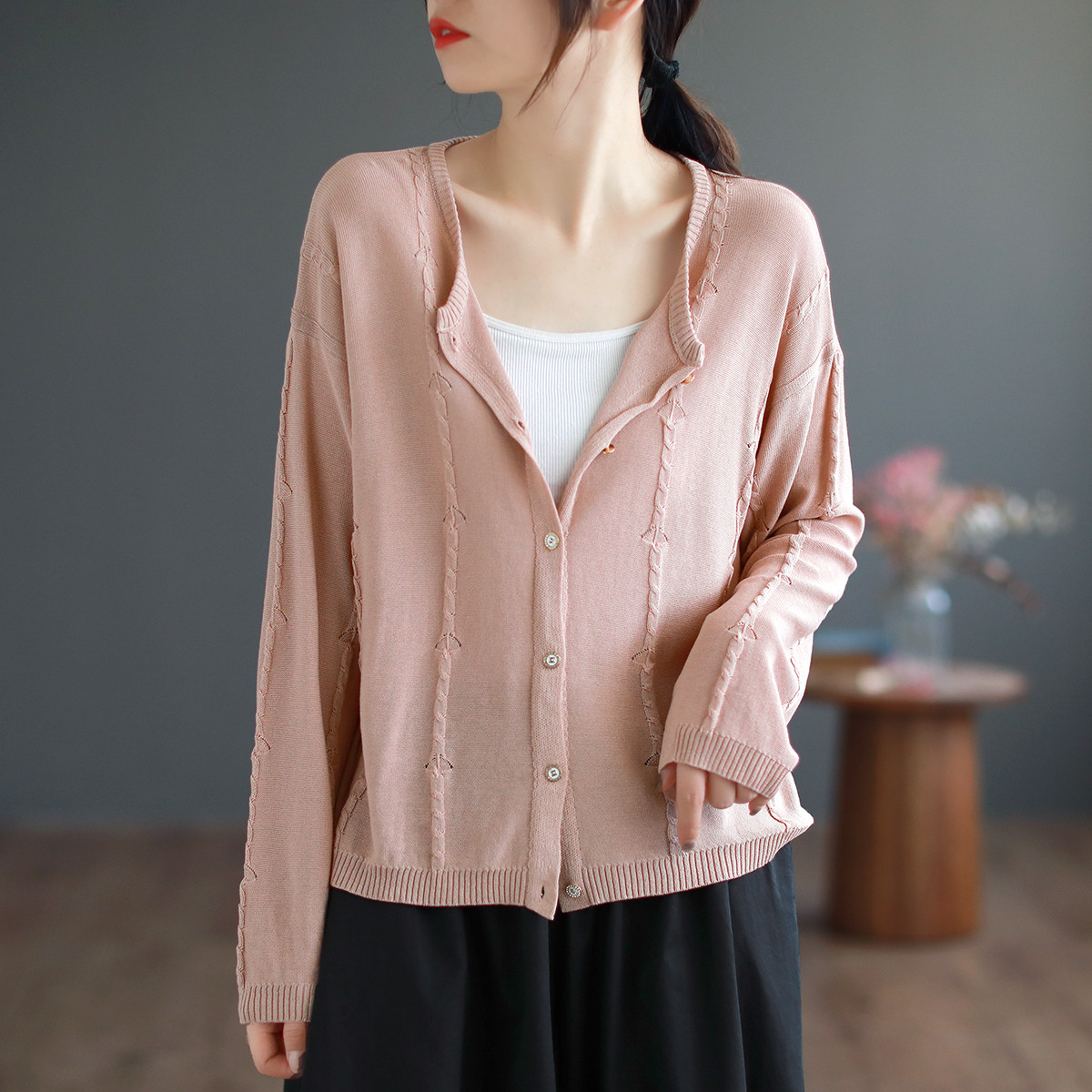 タグ付 リネン100% アトリエナルセ ショートカーディガン ブルー