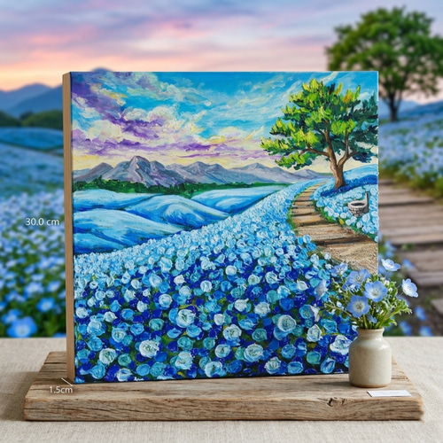 油絵 油彩 油彩画 絵 絵画【青い丘】 世界に一枚】青の輝きを描く油彩画「幸せを運ぶ青い丘」北欧風