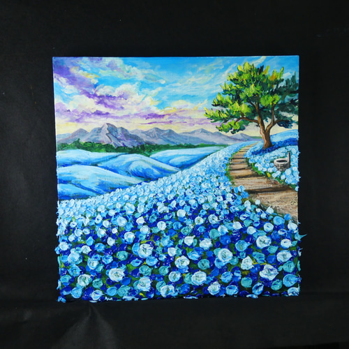 世界に一枚】青の輝きを描く油彩画「幸せを運ぶ青い丘」北欧風