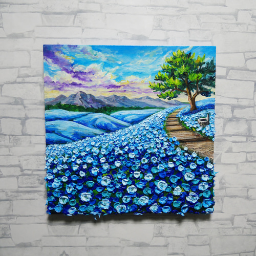 油絵 油彩 油彩画 絵 絵画 【青い丘の道】 世界に一枚】青の輝きを描く油彩画「幸せを運ぶ青い丘」北欧風