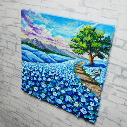 油絵 油彩 油彩画 絵 絵画 【青い丘の道】 世界に一枚】青の輝きを描く油彩画「幸せを運ぶ青い丘」北欧風