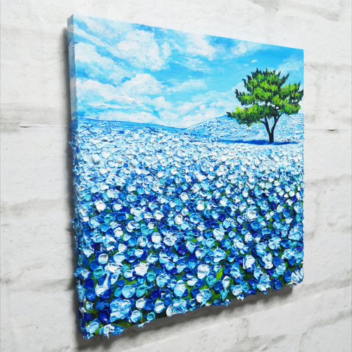 ネモフィラが続く道】アクリル画 F3 風景画 絵画（JAあきがわ