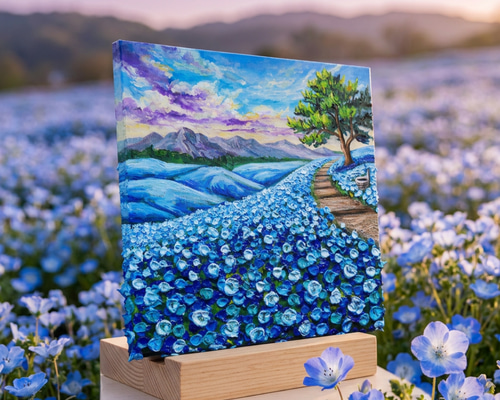 世界に一枚】青の輝きを描く油彩画「幸せを運ぶ青い丘」北欧風