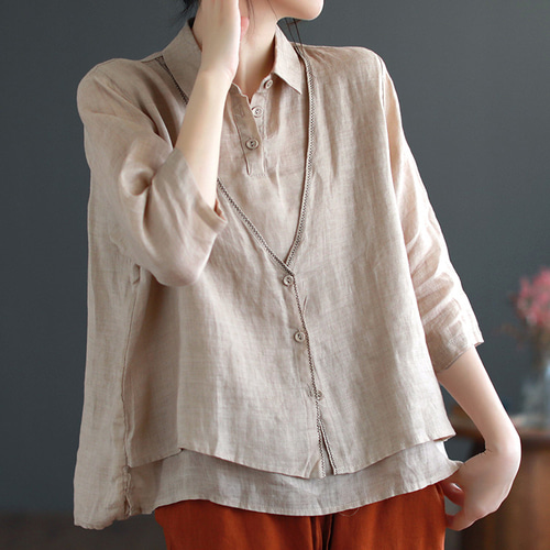 オレンジ、黒、グレー、ベージュ シャツ リネンシャツ ブラウス