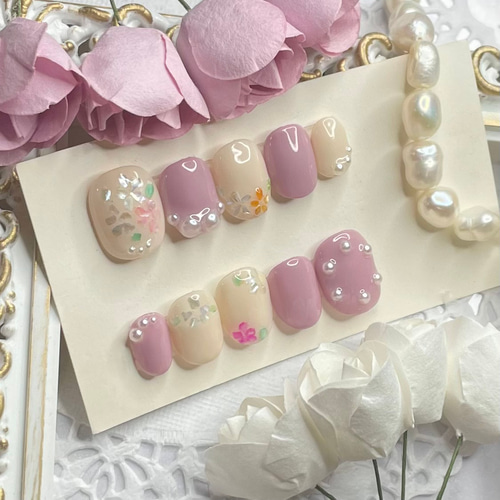 サイズオーダー♡フラワーシェル×パールネイルチップ パープル order  