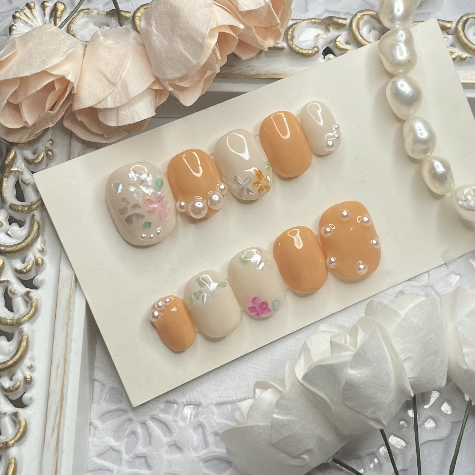 サイズオーダー♡フラワーシェル×パールネイルチップ オレンジ order  