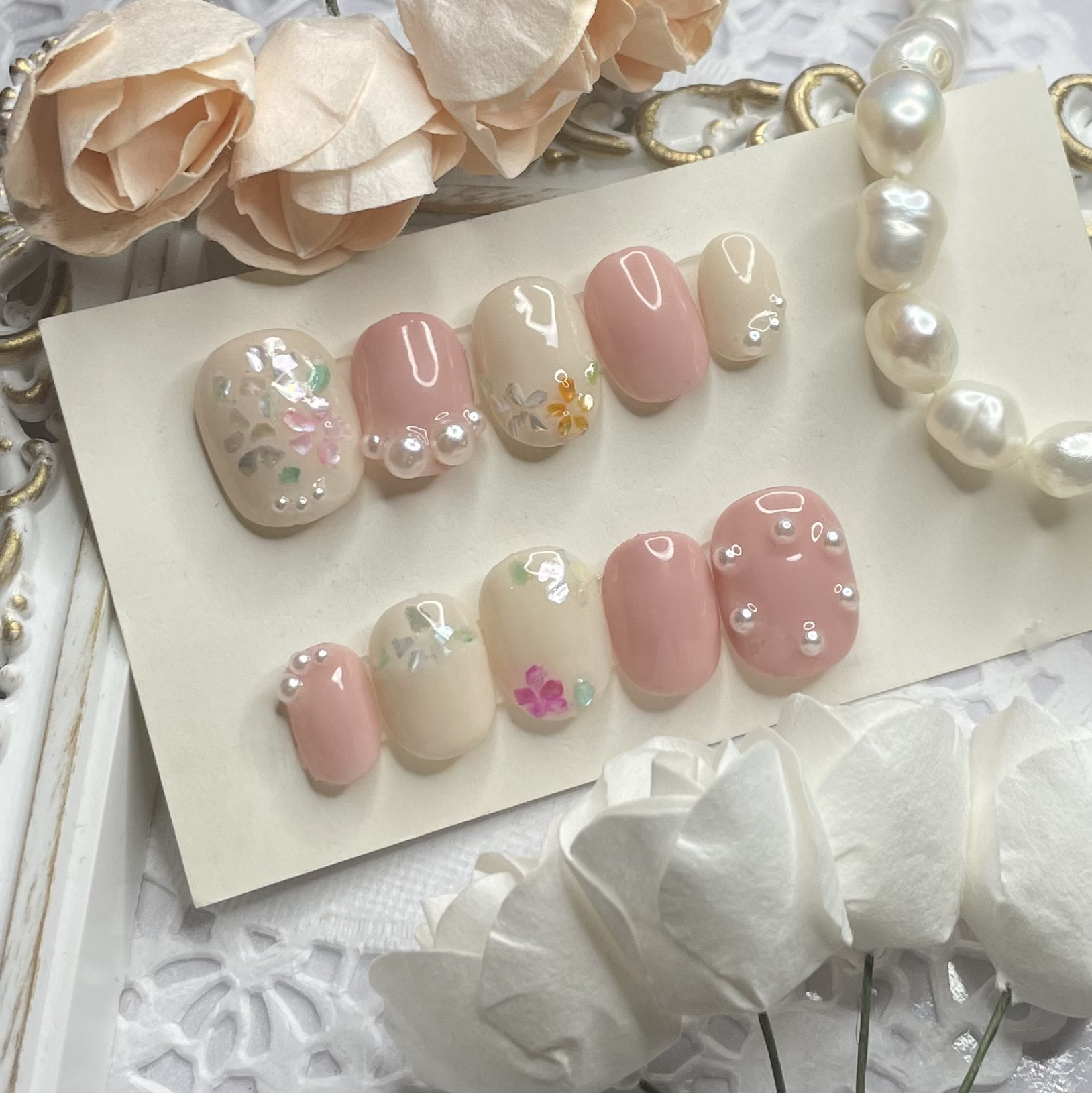サイズオーダー♡フラワーシェル×パールネイルチップ ピンク order  