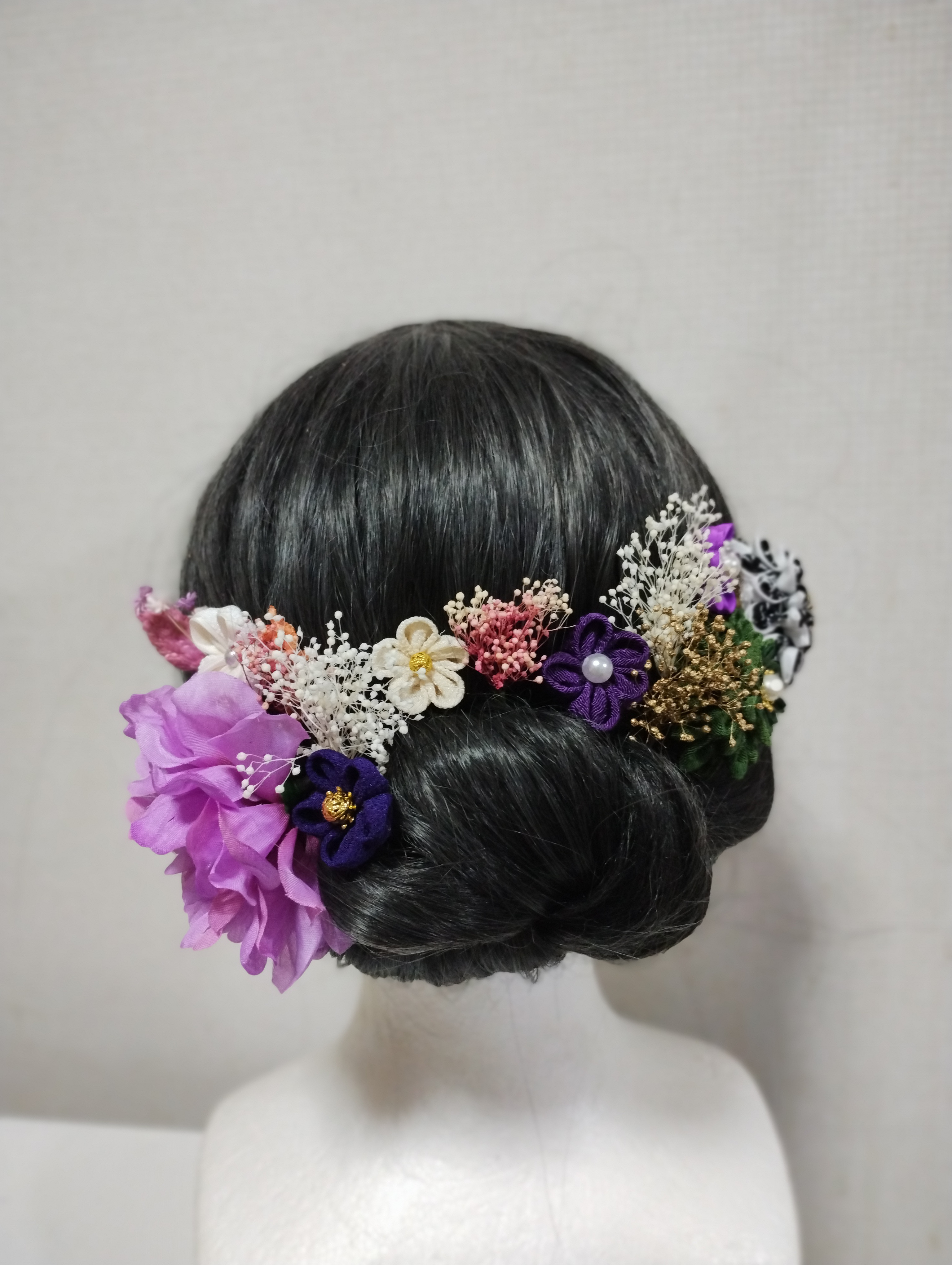 髪飾り　髪飾りパープル　髪飾り紫　成人式髪飾り　卒業式髪飾り　七五三髪飾り　つまみ細工髪飾り　袴髪飾り