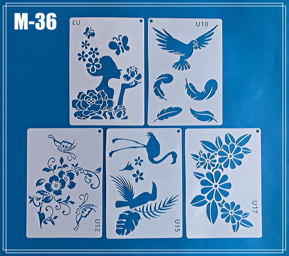 M-36】 ステンシルシート 5枚 セット 花 鳥 女性 編み図・パターン Re