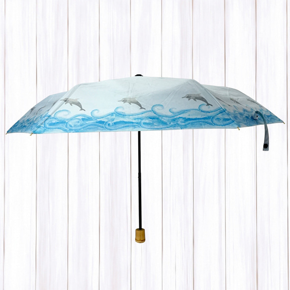 UVカット 折畳 竹傘 イルカ スカイブルー 通学 置き傘 紫外線99.9%カット 晴雨兼用 DRiF 日傘 雨傘 6枚目の画像