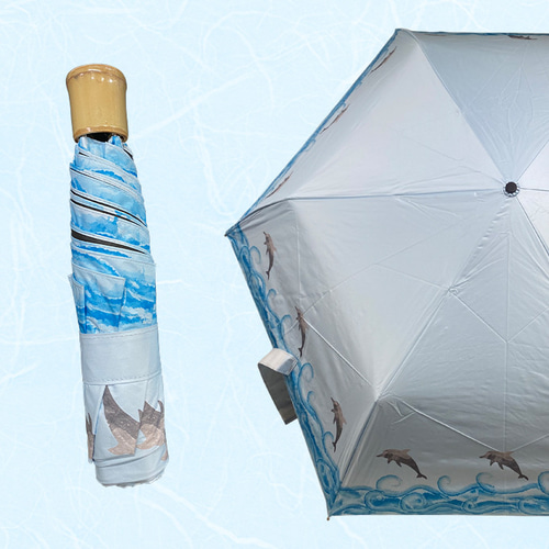 UVカット 折畳 竹傘 金魚 ブルー 置き傘 紫外線99.9%カット 晴雨兼用 UVカット 折畳 竹傘 金魚 ブルー 通学 置き傘 紫外線99.9%カット