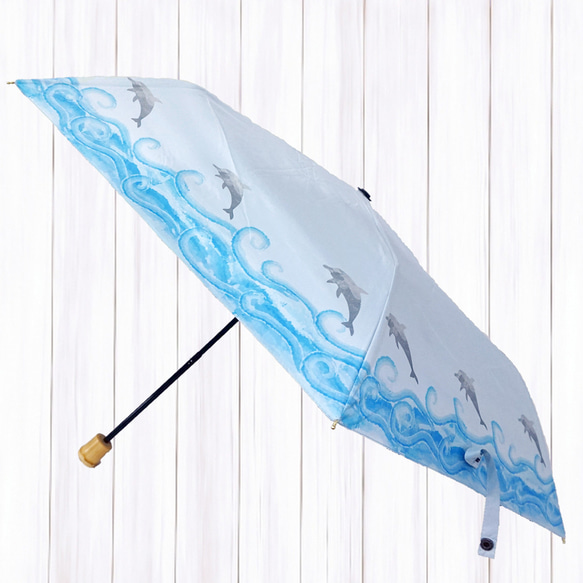 UVカット 折畳 竹傘 イルカ スカイブルー 通学 置き傘 紫外線99.9%カット 晴雨兼用 DRiF 日傘 雨傘 4枚目の画像