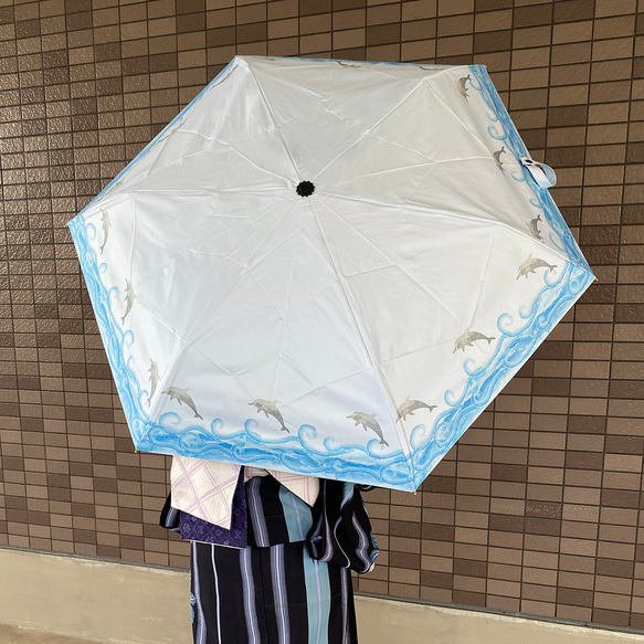 UVカット 折畳 竹傘 イルカ スカイブルー 通学 置き傘 紫外線99.9%カット 晴雨兼用 DRiF 日傘 雨傘 1枚目の画像