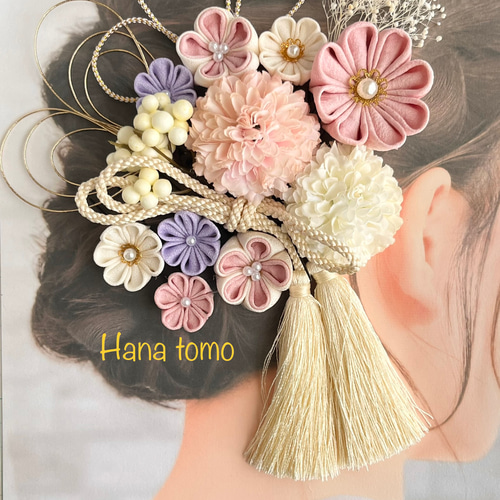 受注制作】 80 和装髪飾り ピンク 紫 つまみ細工 淡い 結婚式 成人式