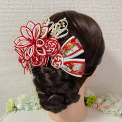 成人式結婚式卒業式・和装水引髪飾り・11点セット・赤白 5枚目の画像