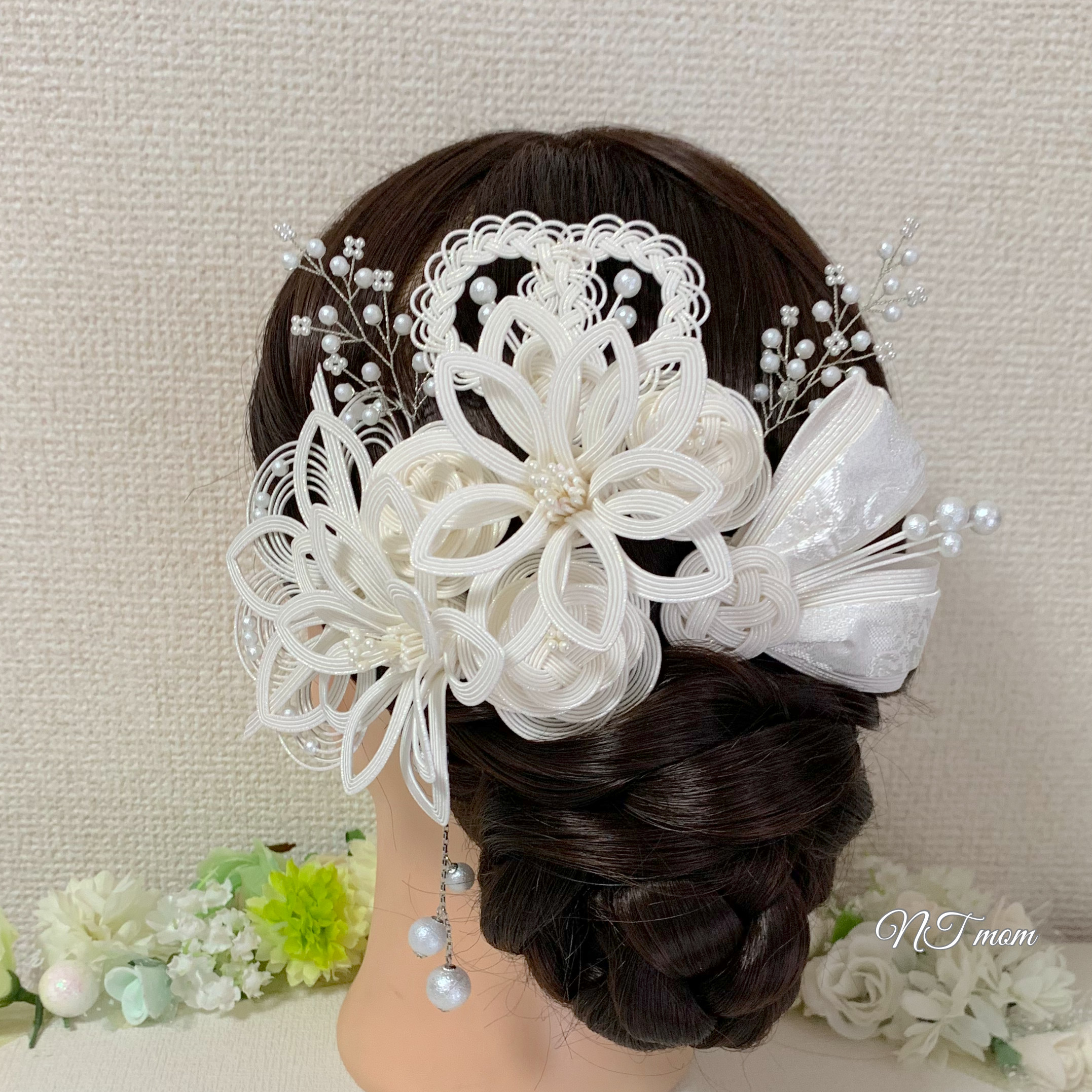 成人式結婚式卒業式・和装水引髪飾り・11点セット・ホワイト