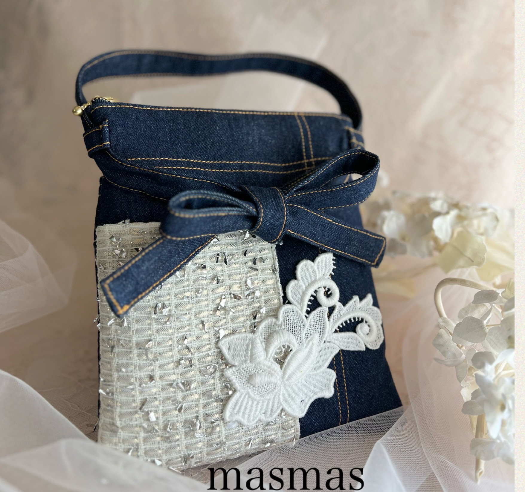 ❤️英国LINTONツイードandデニムバッグレース❤️ショルダー長さ自由自在❤️リボン結びで可愛く　垂らしても