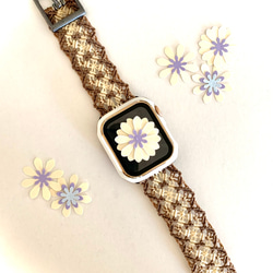 11.✨軽いお花ベルト✨好きな色で作るApplewatch スマートウォッチ 腕時計 macrameラベンダー×白 3枚目の画像