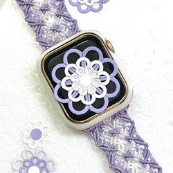 11花.✨軽いお花ベルト✨好きな色で作るApplewatch スマートウォッチ 腕時計 macrameラベンダー×白など 1枚目の画像