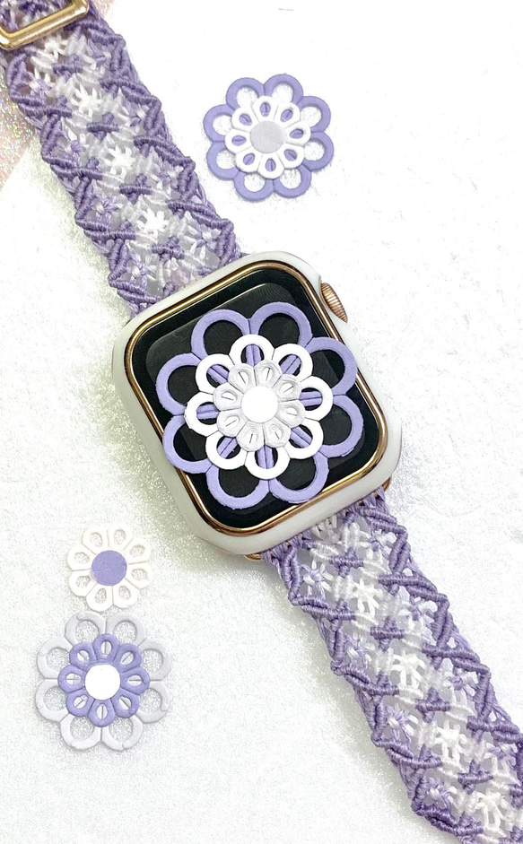 11花.✨軽いお花ベルト✨好きな色で作るApplewatch スマートウォッチ 腕時計 macrameラベンダー×白など 1枚目の画像