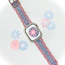 11花.✨軽いお花ベルト✨好きな色で作るApplewatch スマートウォッチ 腕時計 macrameラベンダー×白など 4枚目の画像