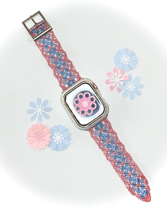 11花.✨軽いお花ベルト✨好きな色で作るApplewatch スマートウォッチ 腕時計 macrameラベンダー×白など 4枚目の画像