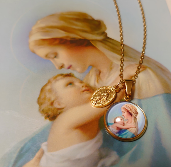 イタリア製不思議のメダイ&マリア様美しい聖母子 ３WAY お守りステンレスネックレス S 1枚目の画像