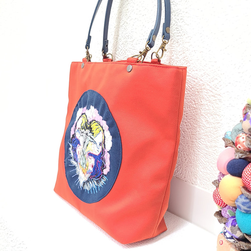 帯リメイクバッグ_朱色 着物帯リメイク 朱色ミニバック オリジナル刺繡 トートバッグ matorie