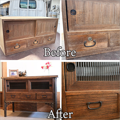 桐箪笥を職人が再生した 和モダンキャビネット｜ガラス扉のリメイク