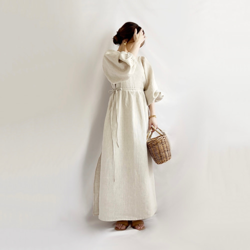 2WAYカシュクールワンピース ヨーロッパリネン 長袖 マキシ丈