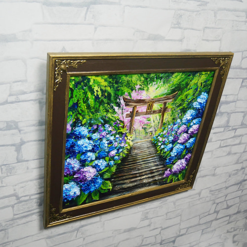 神々が隠した青の小径】油絵 原画＊あじさい咲く神社の一筋の光／初夏
