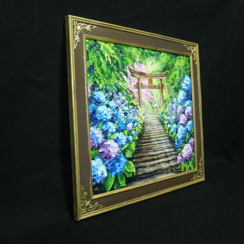 神々が隠した青の小径】油絵 原画＊あじさい咲く神社の一筋の光／初夏
