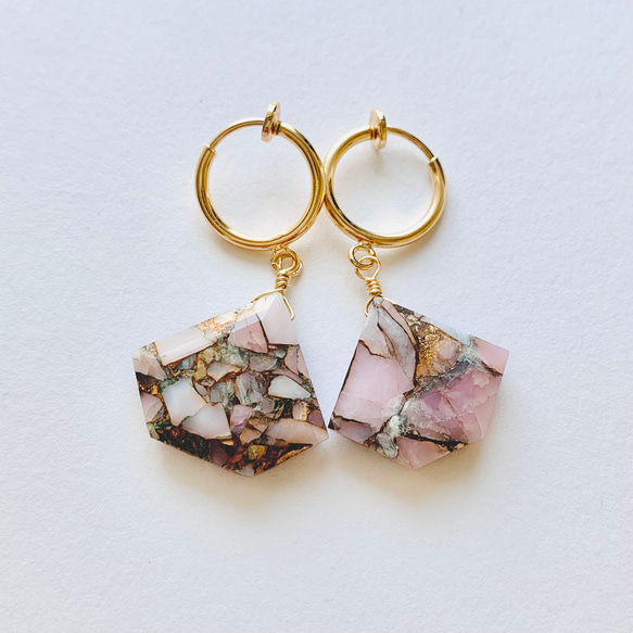 【 SALE・30%OFF 】 10月誕生石 天然石 コッパー ピンクオパール ピアスorイヤリング 2枚目の画像