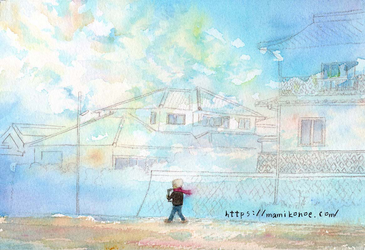 水彩イラスト「空の世界」（原画・額無し）
