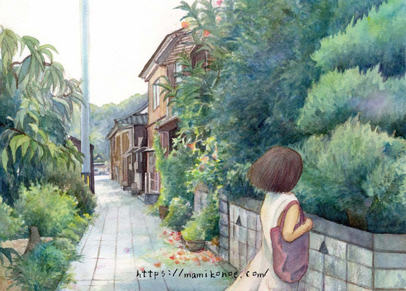 水彩イラスト「のうぜんかずらの小路」（原画・額無し） 1枚目の画像