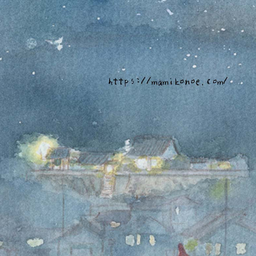 水彩イラスト「除夜の鐘つき」（原画・額無し） イラスト 絵描き