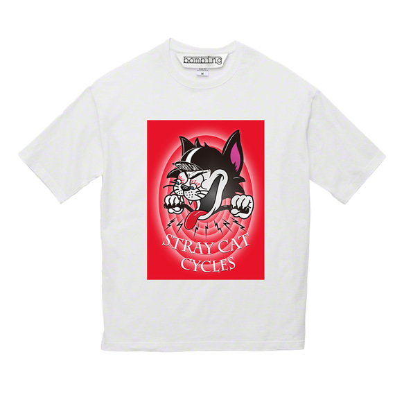 【 STRAY CAT CYCLES 】カートゥーンレッド　デザインアート　ホワイトTシャツ　【 インクジェット 】 3枚目の画像
