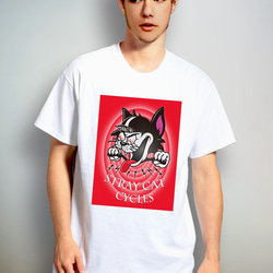 【 STRAY CAT CYCLES 】カートゥーンレッド　デザインアート　ホワイトTシャツ　【 インクジェット 】 2枚目の画像