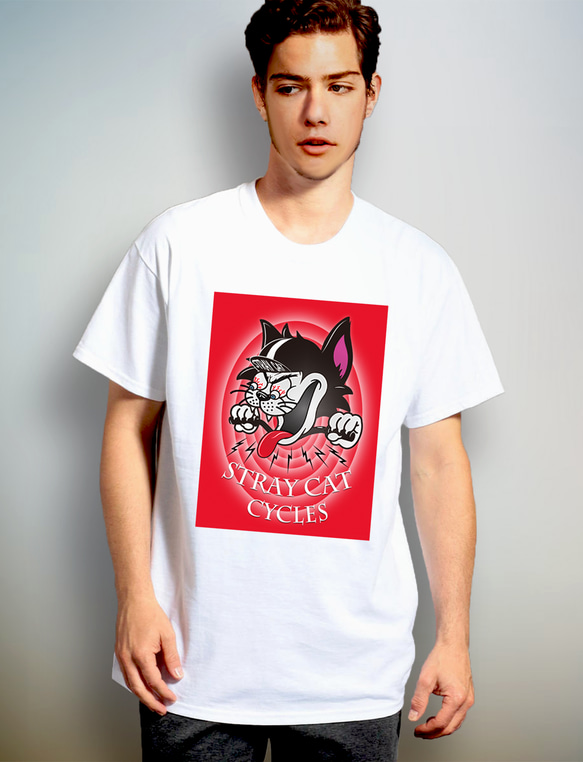 【 STRAY CAT CYCLES 】カートゥーンレッド　デザインアート　ホワイトTシャツ　【 インクジェット 】 2枚目の画像