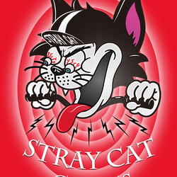 【 STRAY CAT CYCLES 】カートゥーンレッド　デザインアート　ブラックTシャツ　【 インクジェット 】 1枚目の画像