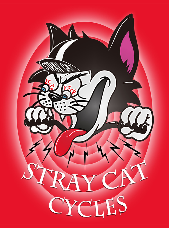 【 STRAY CAT CYCLES 】カートゥーンレッド　デザインアート　ブラックTシャツ　【 インクジェット 】 1枚目の画像