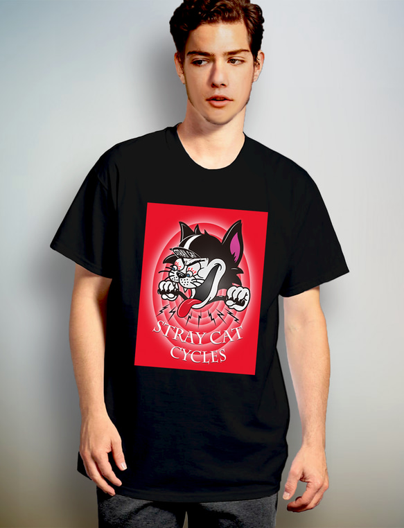 【 STRAY CAT CYCLES 】カートゥーンレッド　デザインアート　ブラックTシャツ　【 インクジェット 】 2枚目の画像