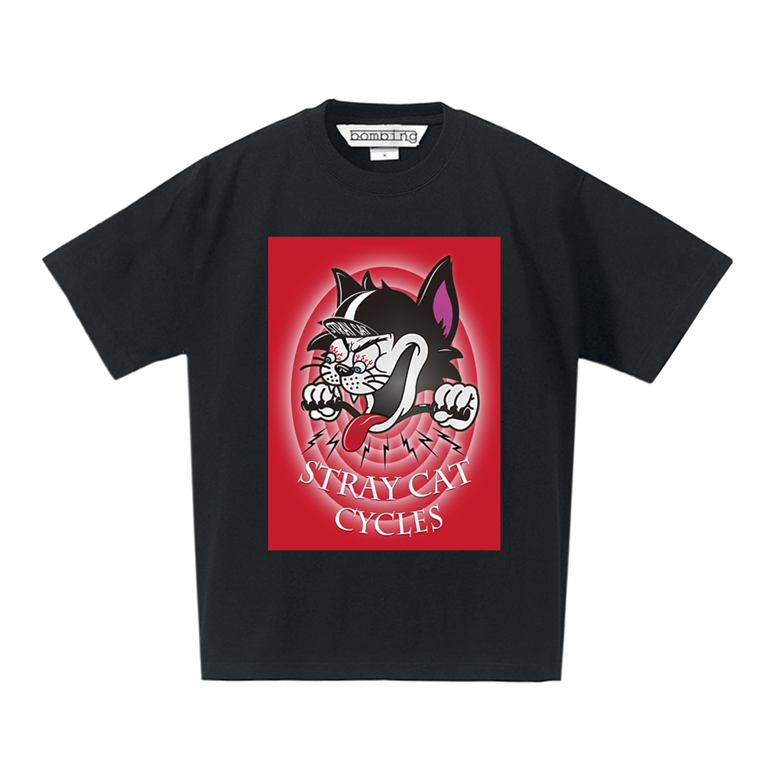 【 STRAY CAT CYCLES 】カートゥーンレッド　デザインアート　ブラックTシャツ　【 インクジェット 】