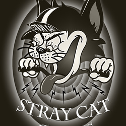 【 STRAY CAT CYCLES 】レトロブラック　デザインアート　ホワイトTシャツ　【 インクジェット 】 1枚目の画像