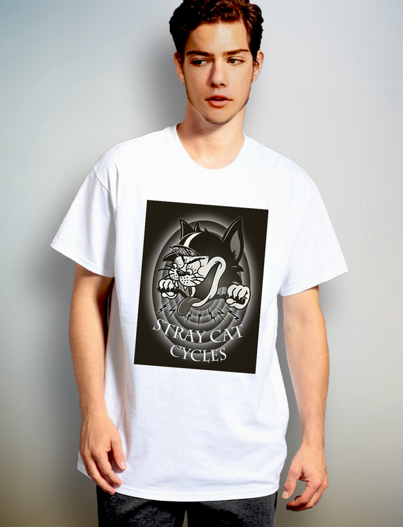 【 STRAY CAT CYCLES 】レトロブラック　デザインアート　ホワイトTシャツ　【 インクジェット 】 2枚目の画像