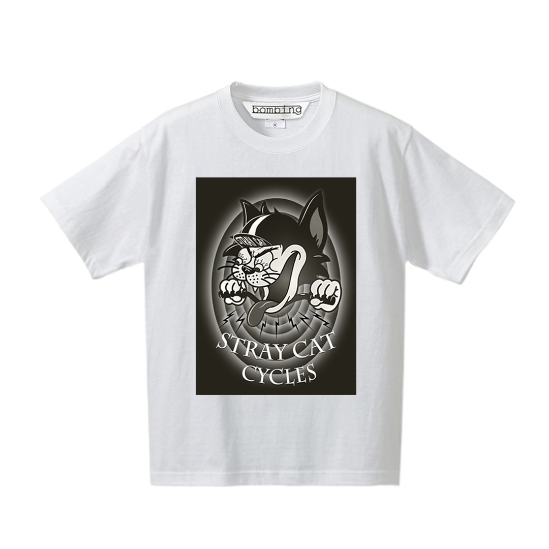 【 STRAY CAT CYCLES 】レトロブラック　デザインアート　ホワイトTシャツ　【 インクジェット 】