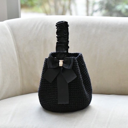 ギャザーリボンハンドルバッグ（グレー/ベージュフロントリボン・内布