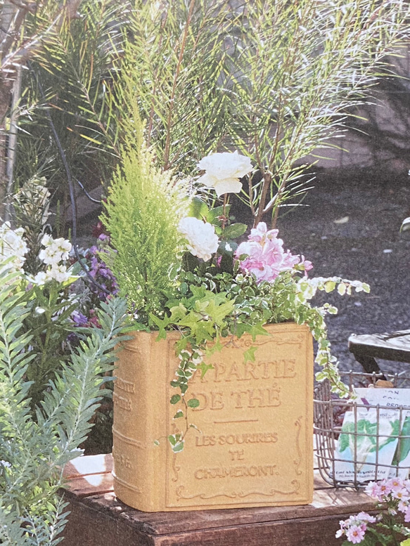 《可愛いBOOK 本型 陶器鉢 》観葉植物 多肉植物 お花の寄せ植え ガーデニング ビオラ パンジーアンティーク 245 2枚目の画像