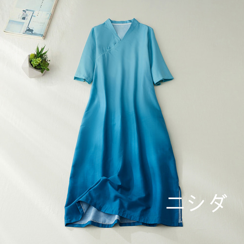 上質綿麻マリンブルー ワンピース ゆったり大きいサイズ Vネック