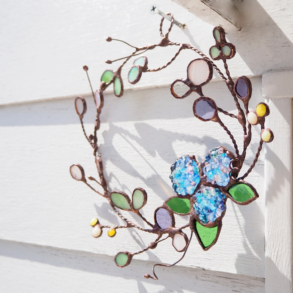 ステンドグラスの紫陽花リース アートフラワー Unit Glass